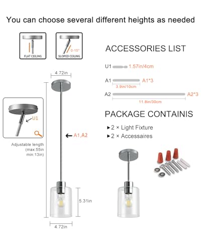 Chrome Pendant Lights Kitchen Island - Clear Glass Pendant Light Fixture Multiple Stems Rods 3 Units 12 Inch 3 Units 4 Inch (2 Pack Chrome Downrod) - color: Chrome 2PK