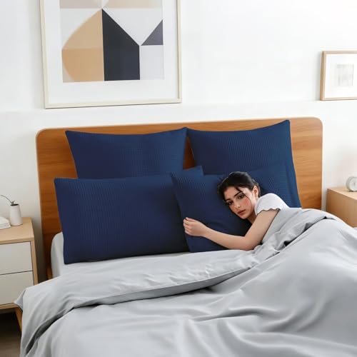 100% Cotton Waffle Weave Throw Pillow Covers Set of 2, 600TC Solid Reverse Side, Hidden Zipper Closure, Skin-Friendly & Durable Decorative Euro Shams for Couch Sofa Bed, Navy Blue, 20"x20" - color: Navy Blue, size: 20" x 20" (Pack of 2)