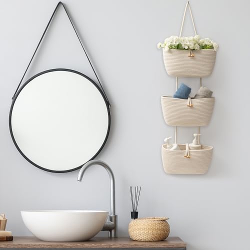 TeoKJ Over the Door Hanging Baskets with Button Strap, 3-Tier Woven Cotton Storage Organizer Bag, Wall-Mounted with Hook Decorative Hanging Kitchen Baskets - White - color: White, style: 3 tier+Button