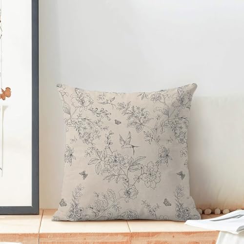Spring Throw Pillow Covers 18x18 Set of 2, Black and White Print Linen Decorative Pillow Covers Bird Floral Outdoor Cushion Cover Vintage Flower Pillowcase for Sofa Couch Farmhouse Room - color: Spring Flower9, size: 18" x 18" (Pack of 2)