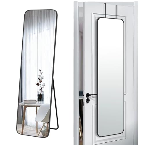 SCWF-GZ 57x16 Full Length Mirror Over The Door Hanging, Floor Stand/Wall Mounted Aluminum Alloy Frame Dressing Mirror for Bedroom Living Room 57 inch Black - color: Black, size: 57"L x 16"W