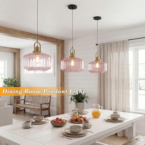 11.8in Mid Century Modern Pendant Light, Gold Large Pink Glass | Vintage Lighting Fixture Ceiling Hanging Lamp for Kitchen Island Foyer Dining Room Bedroom Entryway Hallway Over Sink Table - color: Pink & Gold Hardwire, size: 11.8in