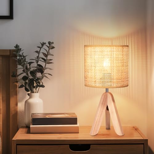 Hamilyeah Tripod Lamps for Night Stands Set of 2, Boho Bedside Lamps with Wicker Shade, Woven Table Lamps for Living Room with On/Off Switch, Wood Desk Lamps for Bedroom - color: Wood Wicker 2 PACK