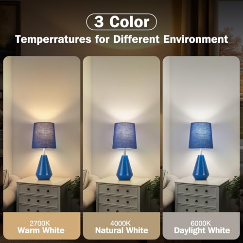 Small Bedside Table Lamp for Bedroom - Reading Desk Lamp with 3 Color Temperatures，15.5" Nightstand Ceramic Lamp with Fabric Shade for Kids Room,Living Room,Dorm,Home Office (Blue) - color: Blue, size: 15.5"