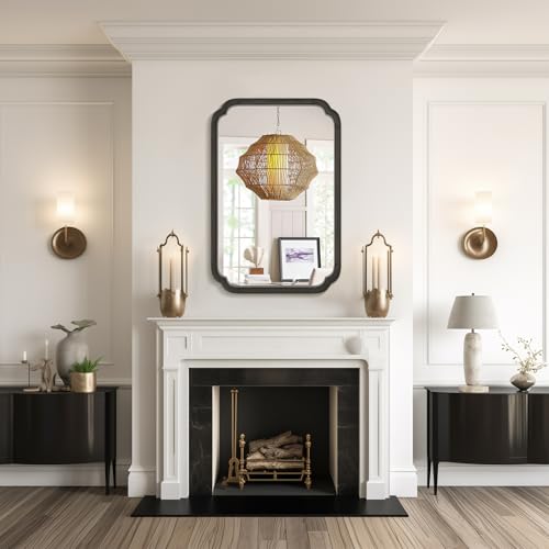 WallBeyond 24" x 36" Rounded Corner Arch Wall Mirror with Wood Frame for Entryway, Living Room or Bedroom Home Decor - Light Woodgrain [24" x 36" Black] - color: Black a, size: 36"L x 24"W