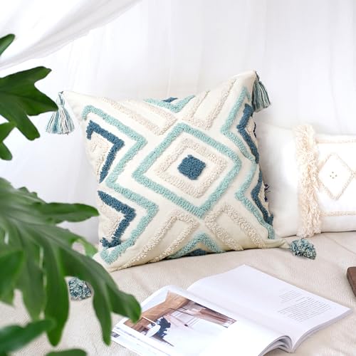 Boho Pillow Covers 18X18 Inch Boho Tufted Throw Pillow Covers Decorative Tassels Cushion Cover Farmhouse Pillow Case for Couch Sofa Bed Living Room Bedroom, Teal - color: Boho Multi-teal, size: 18" x 18" (Pack of 1)