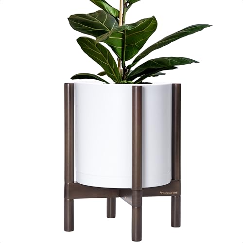 D'vine Dev Planter with Stand - 12 Inch Plastic Cylinder Flower Pot with Wood Holder for Indoor, Matte White Pot + Walnut Color Stand, 55-C-O-1 - color: Matte White Pot + Walnut Color Stand, size: 12 Inch