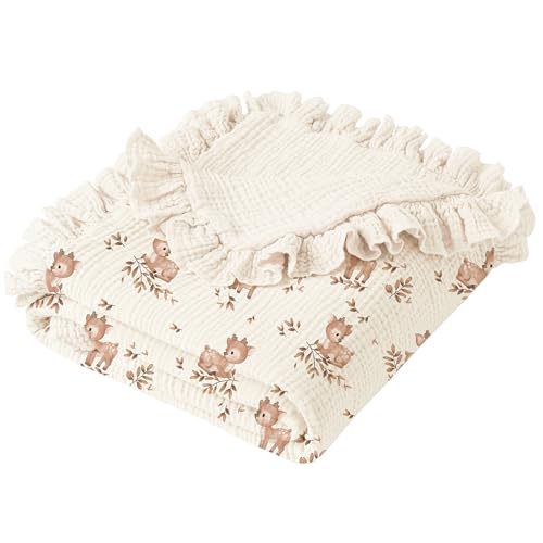 Konssy Flounce Muslin Baby Blanket for Girls Boys, 100% Cotton Soft Crib Swaddle Blankets, Reversible & Breathable Nursery Bedding for Newborns Toddlers, 43 x 39 Inches (Deer) - color: Deer, size: 43"x39"