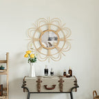 Vintiquewise Decorative Flower Shape Woven Rattan Wood Round Modern Hanging Wall Mirror - size: 2"L x 24"W