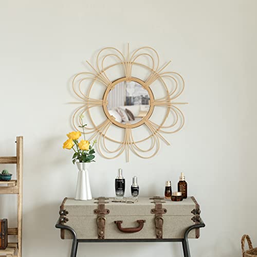 Vintiquewise Decorative Flower Shape Woven Rattan Wood Round Modern Hanging Wall Mirror - size: 2"L x 24"W