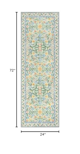 Lahome Sylvie Washable Runner Rug 2x6, Boho Bathroom Rug Runner, Vintage Floral Soft Thin Indoor Throw Carpet for Entryway Bedroom Hallway Bath Laundry Room, Green/Multi - color: Tea Green, size: 2' x 6' (Runner)