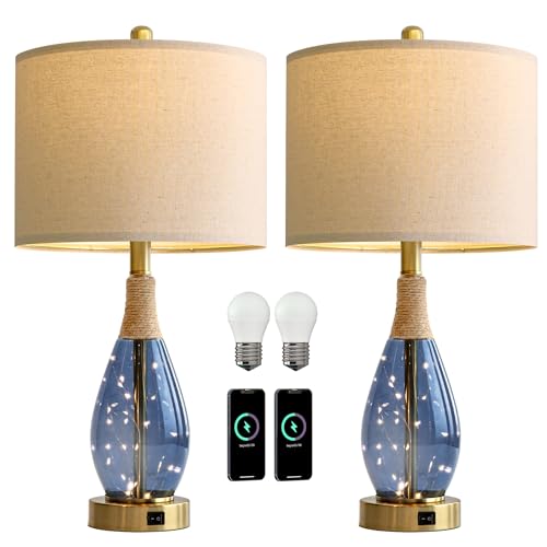 OYEARS 23" Table Lamps for Living Room Set of 2 Bedside Lamps for Night Stands Bedroom Lamps Farmhouse Rattan Boho Lamp Glass Nightlight End Table Lamp with USB C+A (Blue),Two Light Points - color: Blue