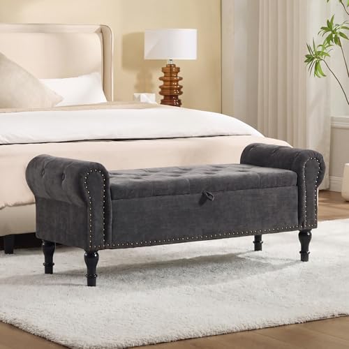 51" Storage Bench for Bedroom, Chenille End of Bed Bench, Queen Size Bench with Rolled Arms, Tufted Storage Ottoman Benches, Upholstered Bench for Bedroom, Living Room, Entryway, Dark Grey - color: Dark Grey, size: 51inch-Chenille
