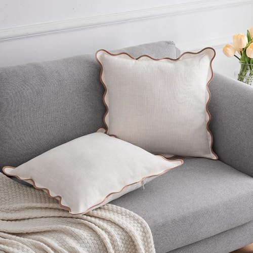Scalloped Throw Pillow Covers 18x18 Inch Set of 2, Cotton & Linen, Boho Sytle Decorative Couch Bed for Living Room (Beige Pillow & Brown Edge) - color: Beige, size: 18" x 18" (Pack of 2)