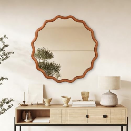 36" Wavy Round Wall Mirror with Solid Wood Frame, Country Irregular Decorative Mirror for Bathroom, Bedroom, Living Room & Entryway, HD Tempered Glass, No Distortion Vanity Mirror (Brown,36“) - color: Brown, size: 36"L x 36"W