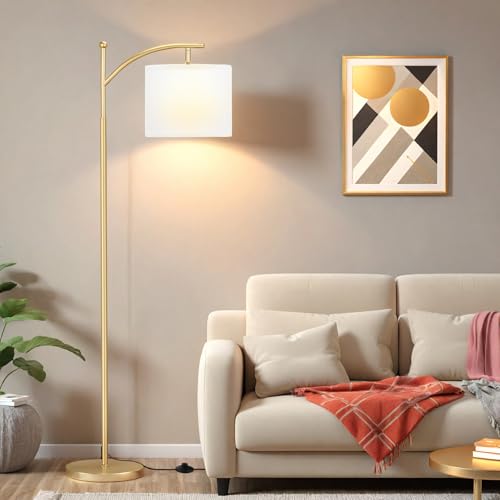 Ambimall 60" Floor Lamp for Living Room with 3 Color Temperatures, Adjustable White Shade with Gold Pole, Tall Lamp for Bedroom Office Classroom Dorm Room, 9W LED Bulb Included - color: White & Gold