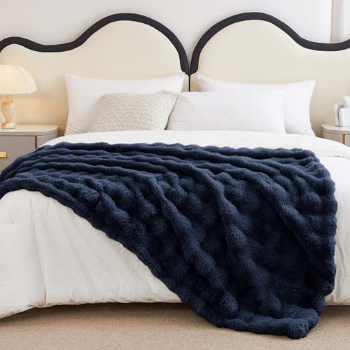 Faux Rabbit Fur Throw Blanket for Couch, Fluffy Warm Plush Thick Bubble Blanket for Bed Sofa Living Room, Soft Cozy Furry Blanket, 50x60 inches, Navy Blue - color: Navy Blue, size: Throw50"x60"