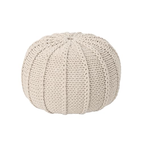 Round Boho Pouf Ottoman - Cable Knitted Cord Boho Pouffe - Stuffed Poof Accent Beanbag Footrest for Living Room - Nursery - Bedroom - Covered Patio - Study Nook (20"x20"x13") (Beige) - color: Beige