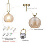 Amber Glass Pendant Light Modern Globe Pendant Lighting Nordic Ribbed Gold Ceiling Hanging Chandelier with Brushed Brass Adjustable Rods Dining Room Kitchen Island Light Fixture - color: Gold-Amber