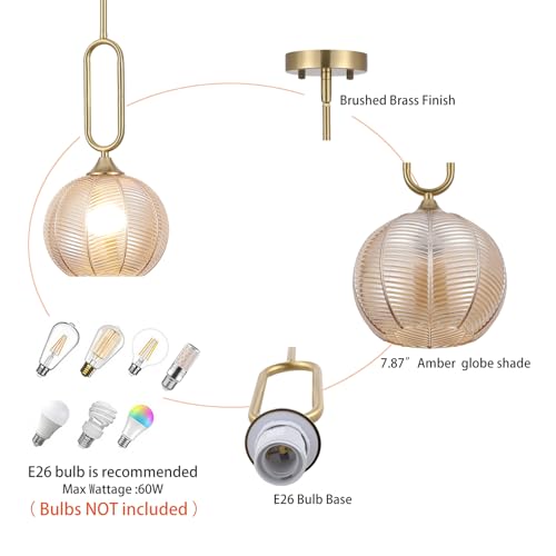 Amber Glass Pendant Light Modern Globe Pendant Lighting Nordic Ribbed Gold Ceiling Hanging Chandelier with Brushed Brass Adjustable Rods Dining Room Kitchen Island Light Fixture - color: Gold-Amber