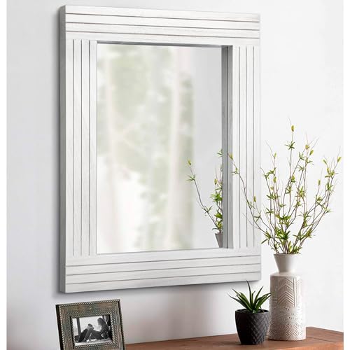 Rustic Wall Mirror - Rectangular Antique Wooden Frame - Farmhouse Bedroom & Entryway - Large White - 20" x 16" - color: Ivory, size: 20"L x 16"W