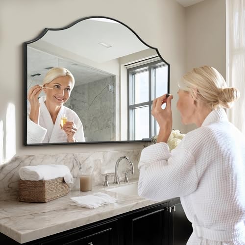Besdomus Black Scalloped Wall Mirror: 40"x29" Large Modern Wooden Arched Dresser Mirror - Minimalist Fireplace Decorative for Bathroom/Bedroom/Mantel/Vanity/Entryway/Living Room - Stylish Home Decor - color: Black, size: 29"L x 40"W