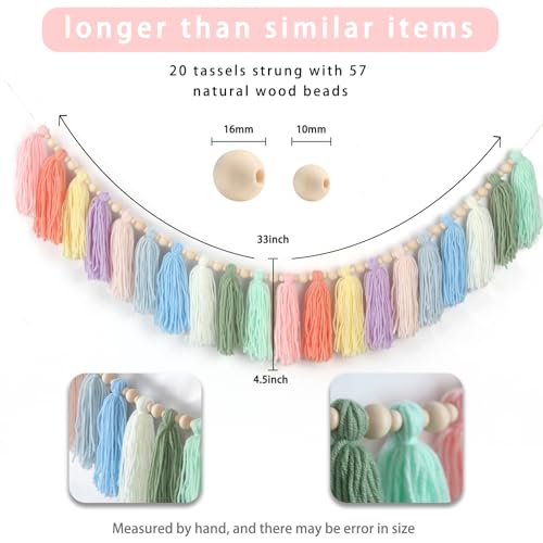 GIAUMA Boho Yarn Tassel Garland with Wood Beads Pastel Wall Hanging Tassels Bunting Banner for Spring Easter Classroom Nursery Baby Shower Birthday Party Kids Room Dorm Bedroom Decor - color: Pastel Rainbow