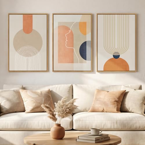 3 Piece Framed Abstract Boho Canvas Wall Art for Living Room, Large Mid Century Modern Geometric Line Prints Paintings, Neutral Minimalist Beige Orange Artwork Decor for Bedroom Entryway, 16x24 Inch - color: Beige Orange, size: 24" H x 16" W x 3Pcs