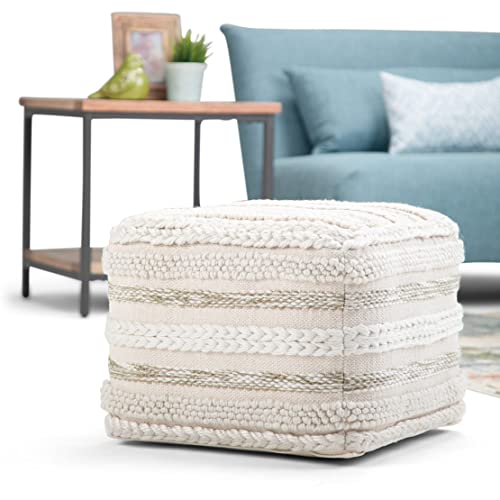 SIMPLIHOME Sommer Square Pouf - 18 inch Wide Upholstered Handloom Woven Cotton Ottoman in Natural, Boho-Style Footstool, Extra Seating or Accent Piece for Living Room or Bedroom, Assembled - color: Natural, style: Cotton Pouf