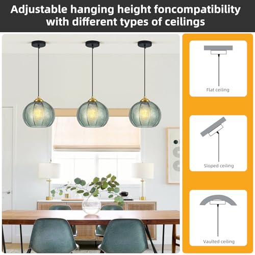 Mikeru 3-Pack Mint Glass Pendant Lights Kitchen Island Lighting Single Globe Pendant Light Fixtures Century Modern Kitchen Island Pendant Lighting for Bedroom Living Dining Room Light (Without Bulbs) - color: Mint-1 Light-3PC