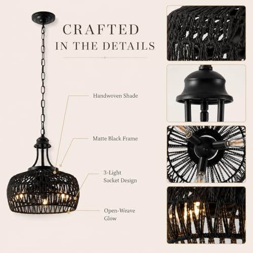Farmhouse Chandeliers for Dining Room, 3-Light Rustic Ceiling Fixture with Twine Making Lampshade, Adjustable Height Chandelier for Bedroom, Kitchen, Bedroom (Balck) - color: Black, size: 3-Lights 12.6 in