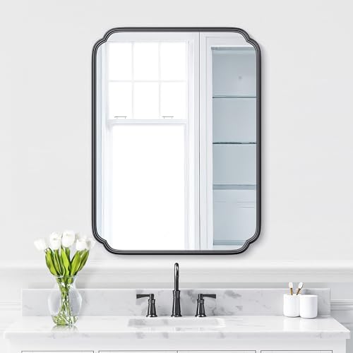 Ferytange 28"x36" Black Bathroom Mirror with Rustproof Metal Frame, Modern Rounded Corner Wall Mirror for Vanity Over Sink, Horizontal/Vertical Hanging - color: Black, size: 36"L x 28"W