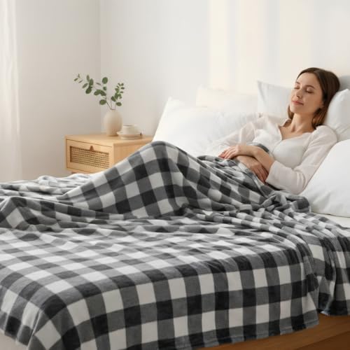 MACEVIA Flannel Fleece Throw Blanket for Couch, Buffalo Plaid Blanket Gray and White, Lightweight Cozy Soft Blanket for Bed Sofa 260GSM, Suitable for All Seasons (Gray White Checkered,60x50inches) - color: Grey White Checkered, size: Flannel Fleece (50x60