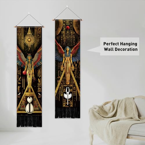 PLIGREAT 2 Pack Egyptian Tapestry with Tassels, Ancient Egypt Goddess Art Wall Hanging Vertical Narrow Egypt Civilization Home Wall Tapestry for Bedroom Living Room, 52" x 13" - color: yellow,brown