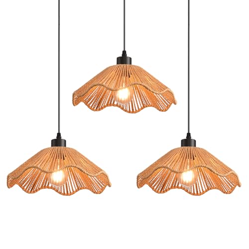 3 Pack Brown Woven Pendant Light Fixtures,11.81" Rattan Pendant Lights Farmhouse Basket Light Fixture Adjustable Boho Hanging Lamp for Kitchen Island Bedroom Dining Room Foyer Hallway - color: flower+brown