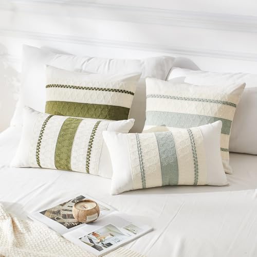 Throw Pillow Covers Set of 2 12x20 Inch Boho Pillow Covers, Soft Lumbar Neutral Cotton Olive Green Decorative Case for Couch Sofa Bed Living Room, Home Modern Woven Farmhouse Cute Decor - color: Olive Green, size: 20" x 12" (Pack of 2)
