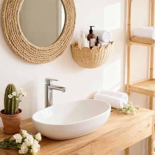 Scalloped Wicker Wall Basket - Rattan Hanging Storage Organizer, Decorative Basket for Nursery, Bathroom, Front Door, 16"×10"×7", Perfect for Flowers, Mail, Toys