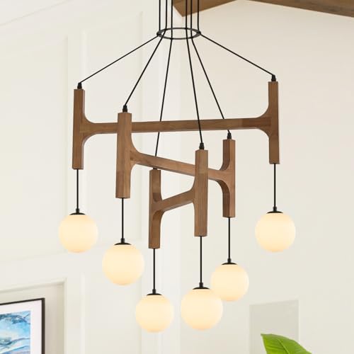 Farmhouse L28 '' Wooden Chandeliers with Milk Glass Globes Lampshades, Rustic Oak Mid Century Long Pendant Chandelier Light Fixture 6-Light for Foyer Living Dining Room Bedroom Kitchen,G9 - color: Golden Oak, size: L28 inches