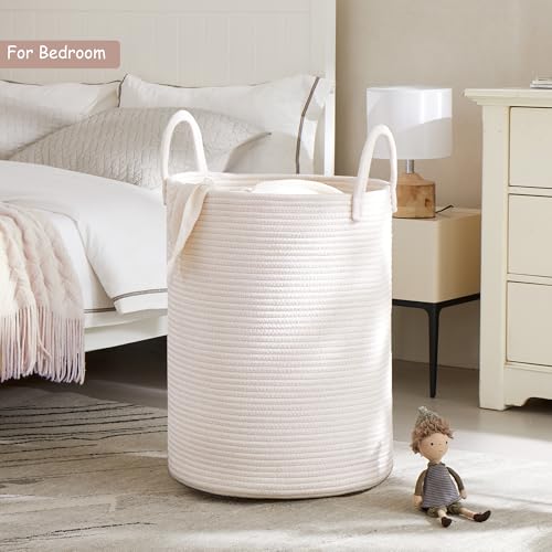 80L Extra Large White Hamper Tall Woven Laundry Basket Cotton Rope Blanket Basket for Living Room Clothes Hamper in Bedroom 16"L x 16"W x 22"H - color: White, size: Extra Large (80L)