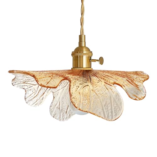 Amber Glass Pendant Lights for Dining Table Mid Century Flower Pendant Lamp with Blown Shade Vintage Gold Brass Adjustable Hanging Light for Kitchen Cabinets Bedroom entryway - color: Amber, Hardwired, size: Hardwired