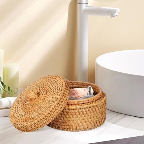ARTIBETTER Vintage Rattan Storage Box with Lid Small Woven Basket for Snacks Sundries Desktop Decor 5.59X5.51X3.07In Compact Storage Solution