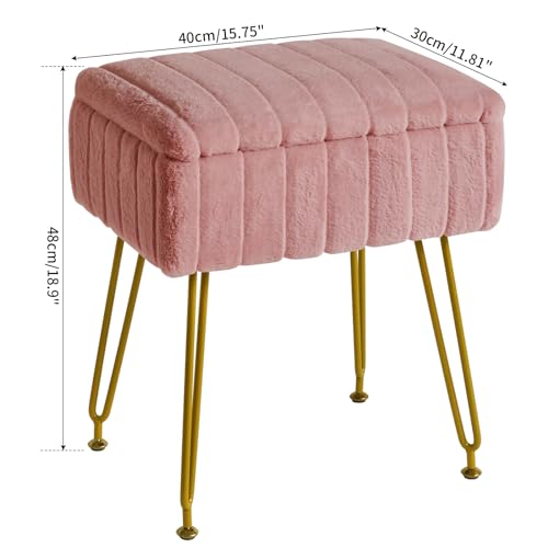 IBUYKE Stool Chair with Storage Space, Footrest Footstool Ottoman, Small Side Table, with 4 Metal Legs, with Anti-Slip Feet, for Makeup Room, Bedroom, Faux Fur, Pink LG-50P - color: Pink, size: 15.8"D x 11.8"W x 18.9"H