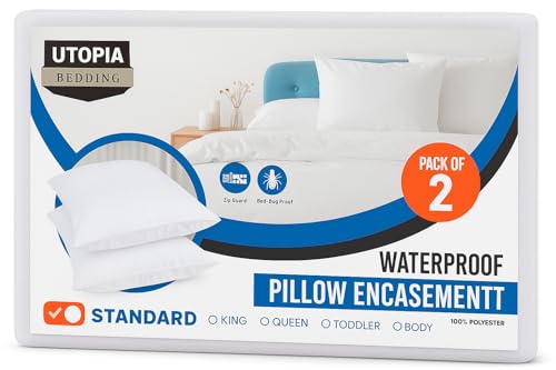 Set of 2 Pillow Protectors with Zipper Standard Size, Bed Bug and Dust Mite Proof Pillow Covers, Ultra Soft Pillow Encasements, Moisture Wicking and Waterproof Pillow Cases by Utopia Bedding (White) - size: Standard (Pack of 2)