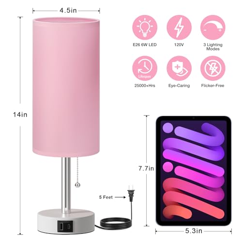Dicoool Pink Bedside Table Lamp for Bedroom, Small Nightstand Lamp for Girls Kids, 3 Color Temperatures & USB Charging Port, Cute Desk Lamp for Teens Room Decor, Dorm Room Essentials - color: Pink-White