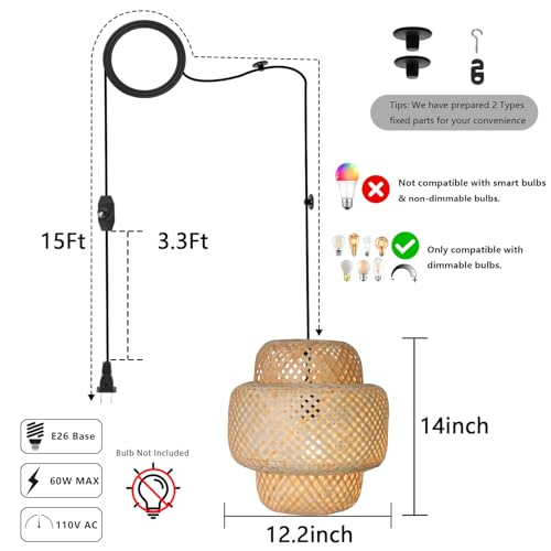 HuisMier Plug in Pendant Light Rattan Hanging Lights with Plug in Cord, Handwoven Bamboo Lampshade Hanging Lamp with Dimmable Switch, Plug in Pendant Light Fixture for Bedroom Kitchen Living Room - color: Beige