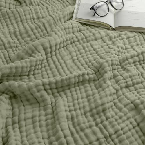 Comfy Cubs Muslin Throw Blanket - 50” x 60” Quilted Design - Lightweight, Breathable 6-Layer Gauze Fabric - Soft Cotton Blanket for Home or Travel - Packaged in Elegant Gift Box - Sage - color: Sage, size: Throw - 50" X 60"
