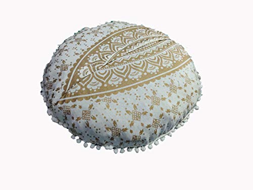 24" Gold Mandala Barmeri Large Floor Pillow Cover Cushion Meditation Seating Ottoman Throw Cover Hippie Decorative Zipped Bohemian Pouf Ottoman Poufs, Pom Pom Pillow Cases (White Gold, 24" Round) - color: White Gold, size: 24" Round