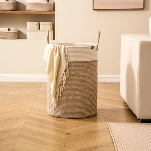 LA JOLIE MUSE Woven Rope Storage Baskets - Tall Cotton Laundry Basket, Kids Toy & Nursery Clothes Hamper - XL - color: White & Desert, size: XL