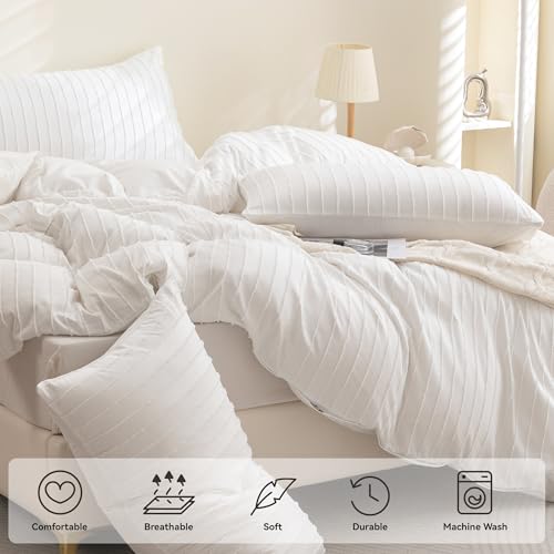 JELLYMONI Duvet Cover Oversized Queen Size White - 3PCS Boho Striped Duvet Cover Set Polyester Tufted Bohemian Textured Comforter Cover 98×98in with Corner Ties & Zipper and 2 Pillowcases - color: White - Stripe, size: Oversized Queen(98"×98")