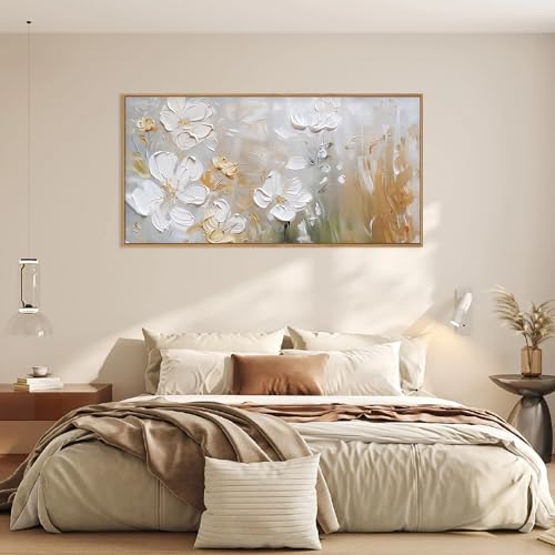 HPNIUB Large White Flower Framed Wall Art Modern White and Gold Floral Canvas Oil Painting Nature Botanical Wall Decor Abstract Aesthetic Artwork for Living Room Bedroom Decor -20"x40" - color: White Floral Wall Art, size: 40"L x 20"W